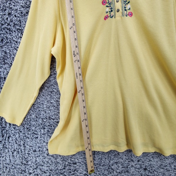 Woman Within Women Cottagecore Boho Embroidered Henley Top 3X Yellow Waffle Knit - Picture 3 of 16